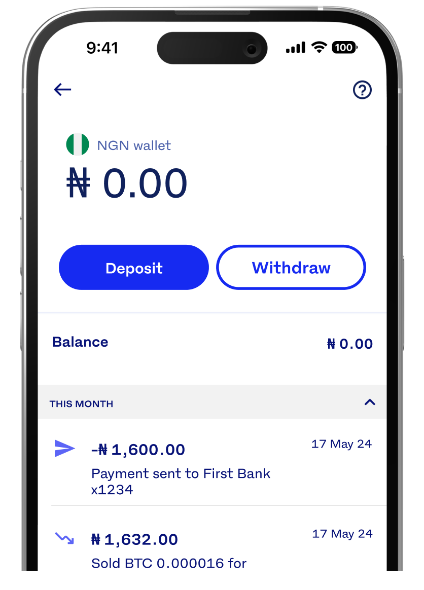 Local currency wallet showing an empty balance with no pending transactions