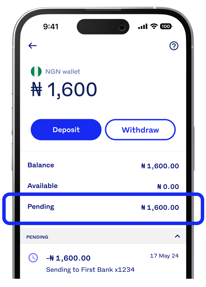 Local currency wallet showing a pending balance
