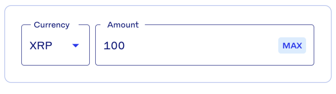 A screen from the Buy flow, showing Currency set to XRP and Amount set to 100.