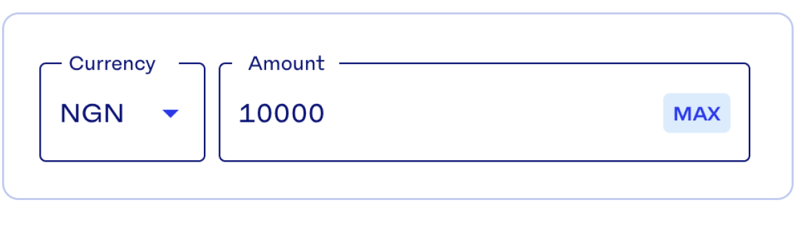 A screen from the Sell flow, showing Currency set to Nigerian Naira and Amount set to 10,000.
