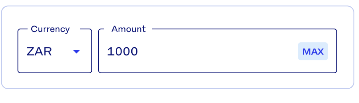 A screen from the Buy flow, with currency set to South African Rands and the amount set to 1000