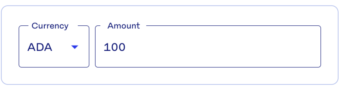 A screen from the Sell flow, showing Currency set to ADA and Amount set to 100.